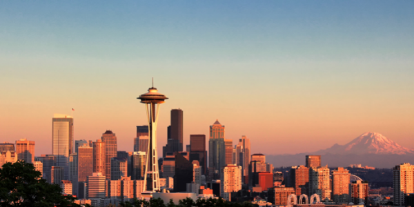 Seattle skyline at sunset with space needle outline