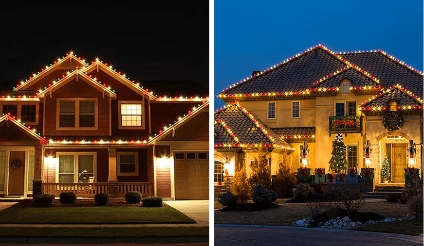 houses with holiday lights outlining the rooflines