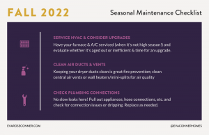 Dark purple postcard image reading "Seasonal Maintenance Checklist - Fall 2022"
