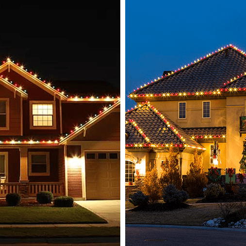 houses with holiday lights outlining the rooflines